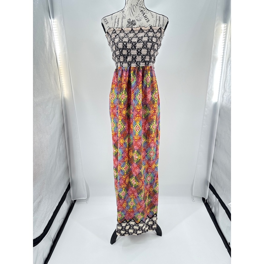 Angie Womens Dress Multicolor Strapless Smocked Geometric Maxi Boho S